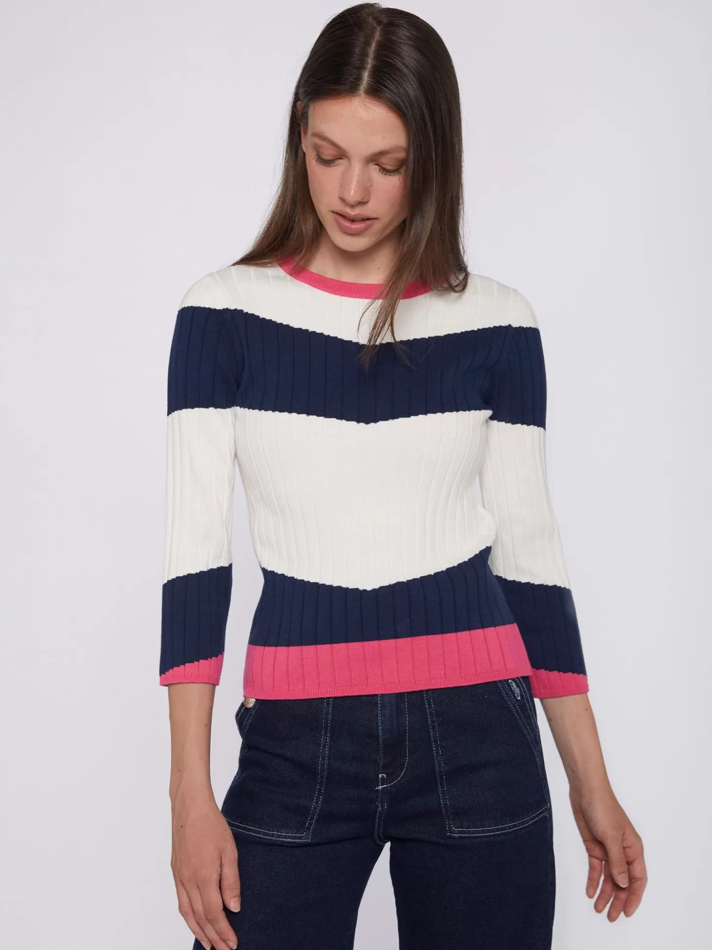 Vilagallo Knitwear Colour Block Canale Navy&White Pink*Women Knitwear